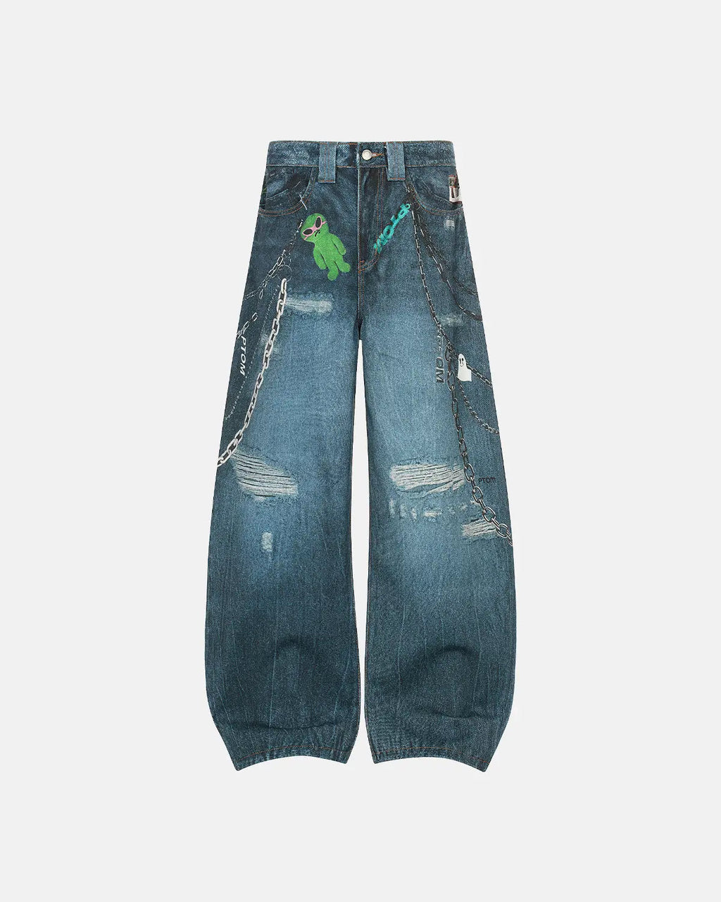 Close-up of 3D print chain barrel jeans from INFLATION Streetwear, showing detailed chain design and fabric texture.
