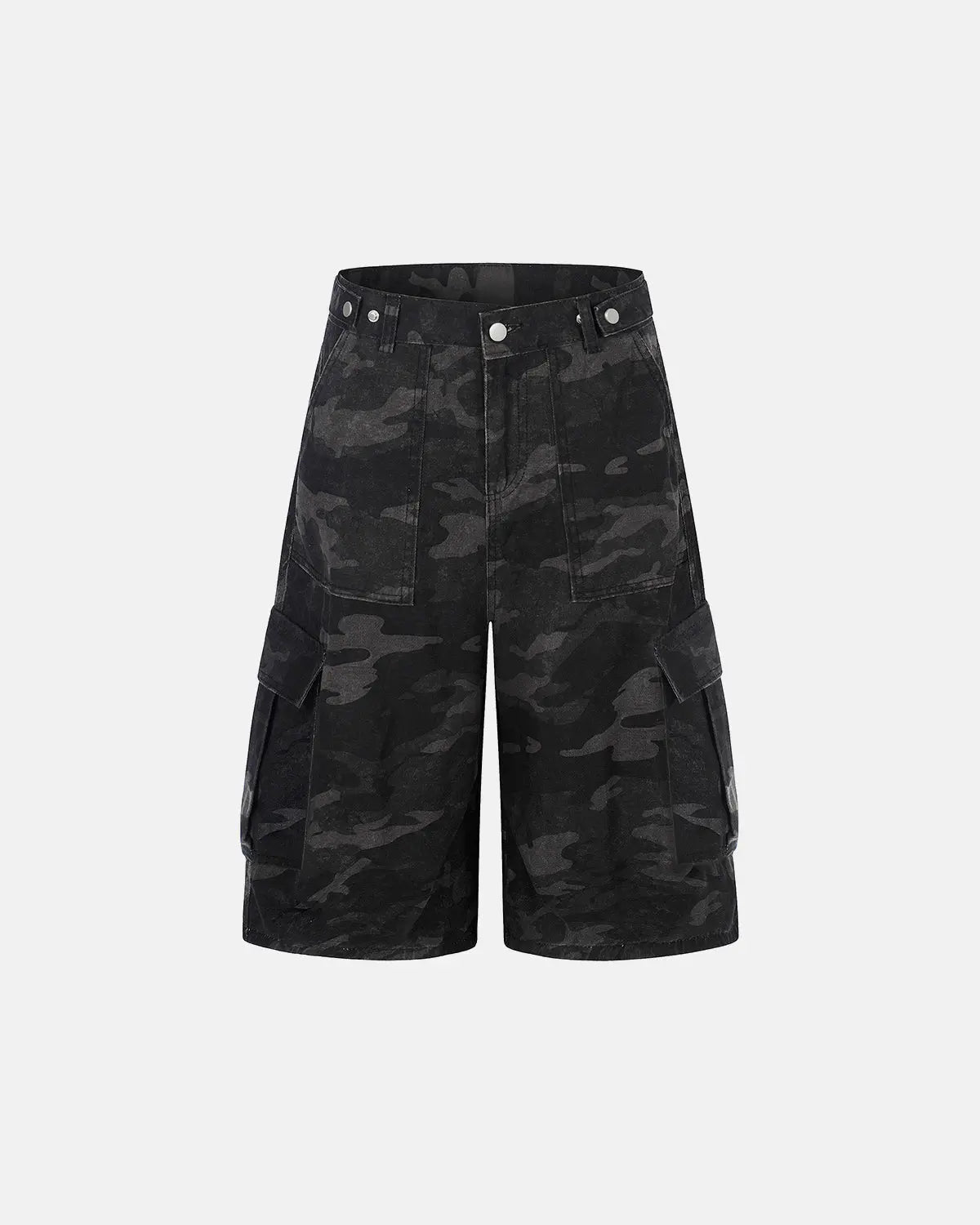 Dark camo cargo shorts from INFLATION, men's streetwear pants featuring multiple pockets and a relaxed fit.