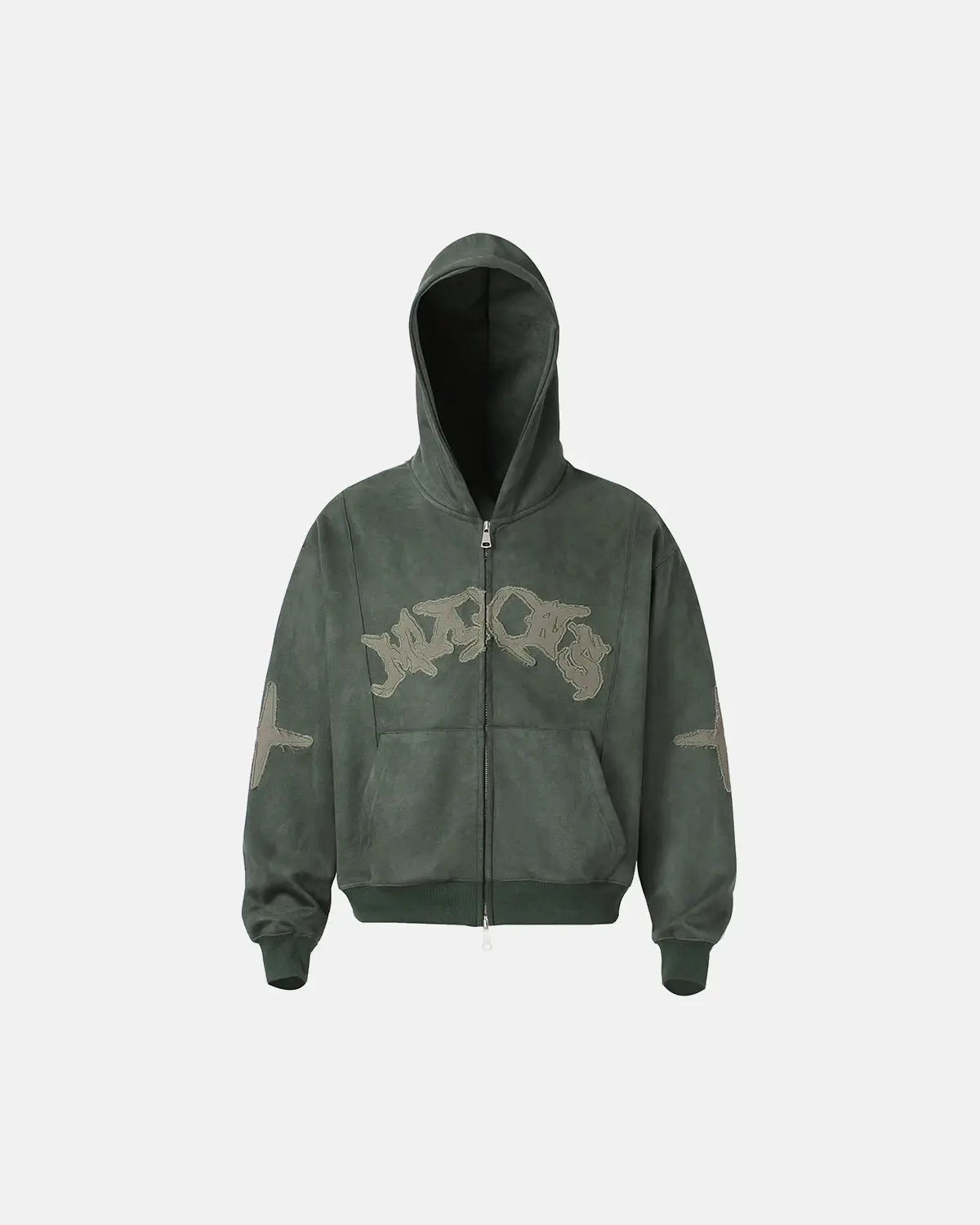 Inflation Streetwear suede patch embroidery zip hoodie featuring a front zipper, soft fabric, and stylish embroidered patch detail.