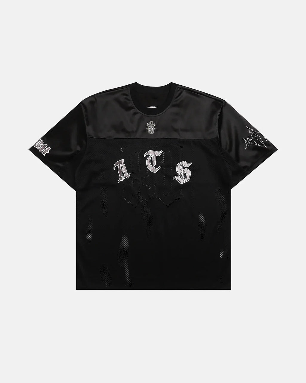 Gothic embroidered mesh jersey T-shirt by INFLATION featuring dark gothic designs and see-through mesh fabric.