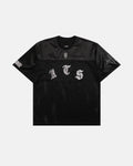 Gothic embroidered mesh jersey T-shirt by INFLATION featuring dark gothic designs and see-through mesh fabric.