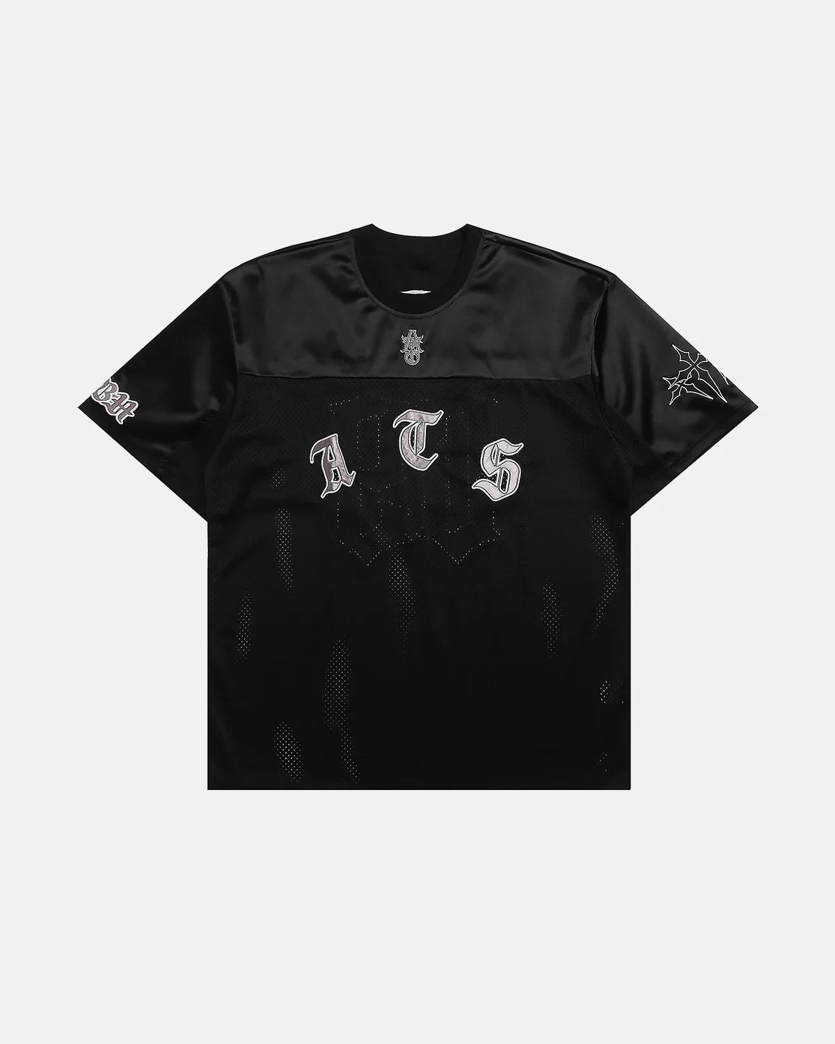 Gothic embroidered mesh jersey T-shirt by INFLATION featuring dark gothic designs and see-through mesh fabric.