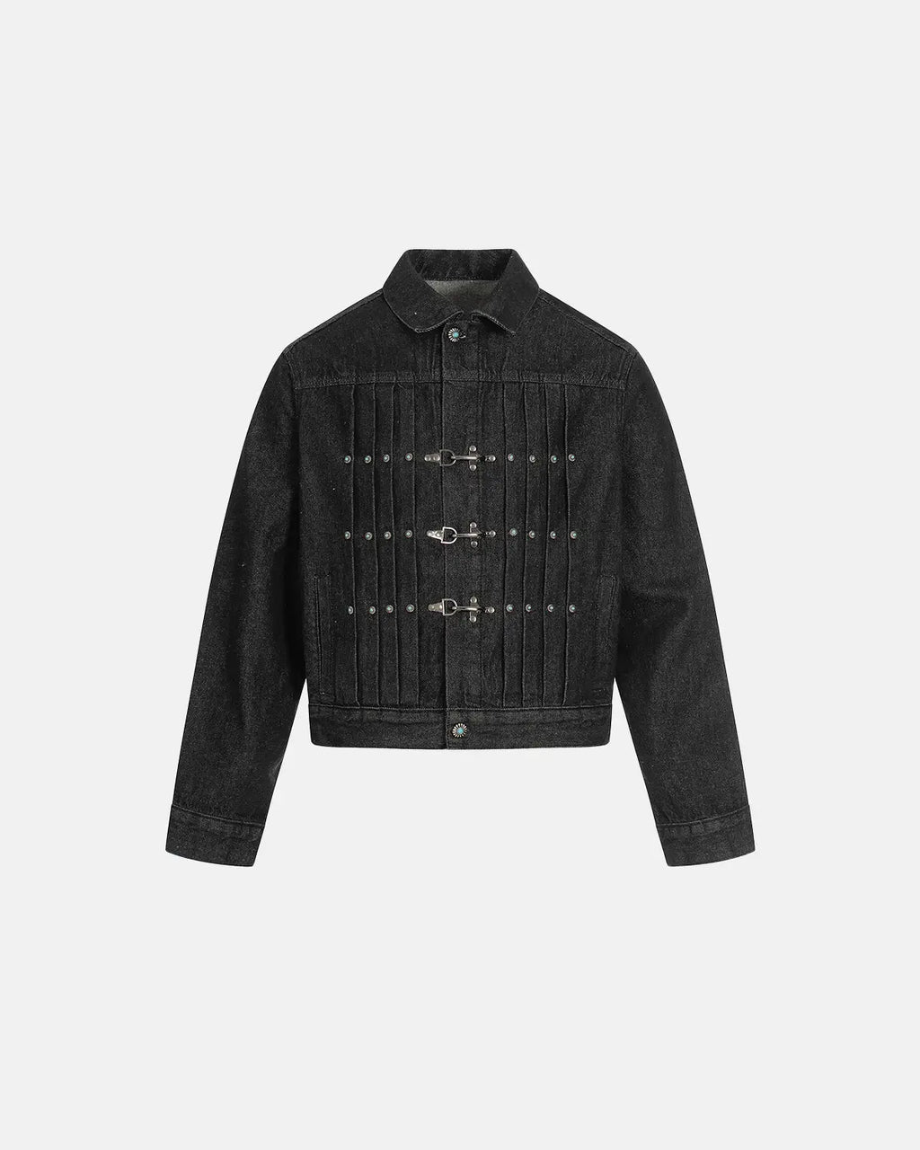 Raw Clasp Denim Jacket by INFLATION featuring classic blue denim, button closure, and stylish raw hem details.