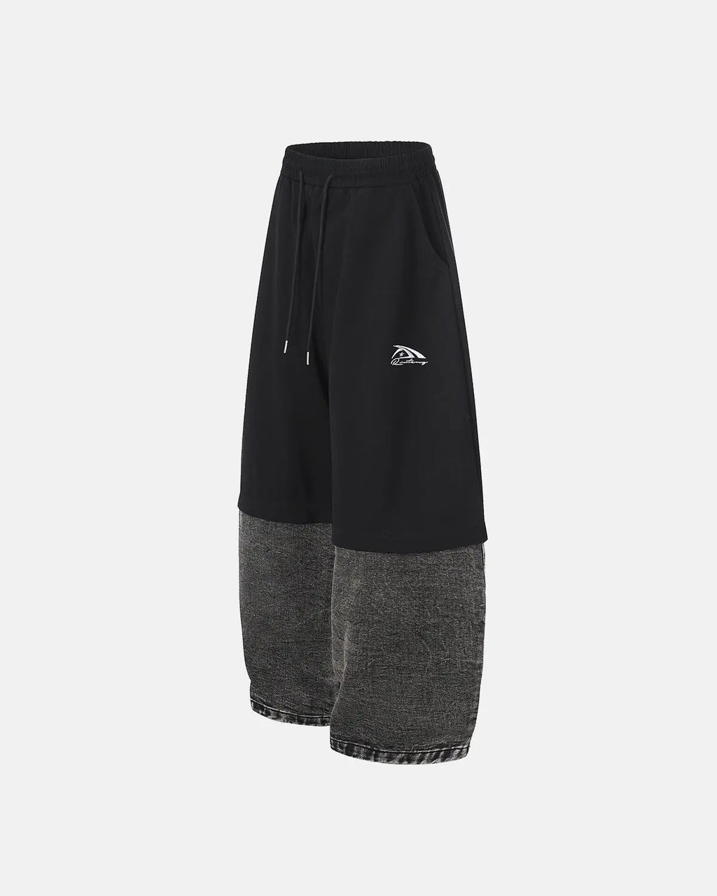 Denim detachable patchwork barrel joggers by INFLATION with stylish patch details and relaxed fit, perfect for streetwear fashion.