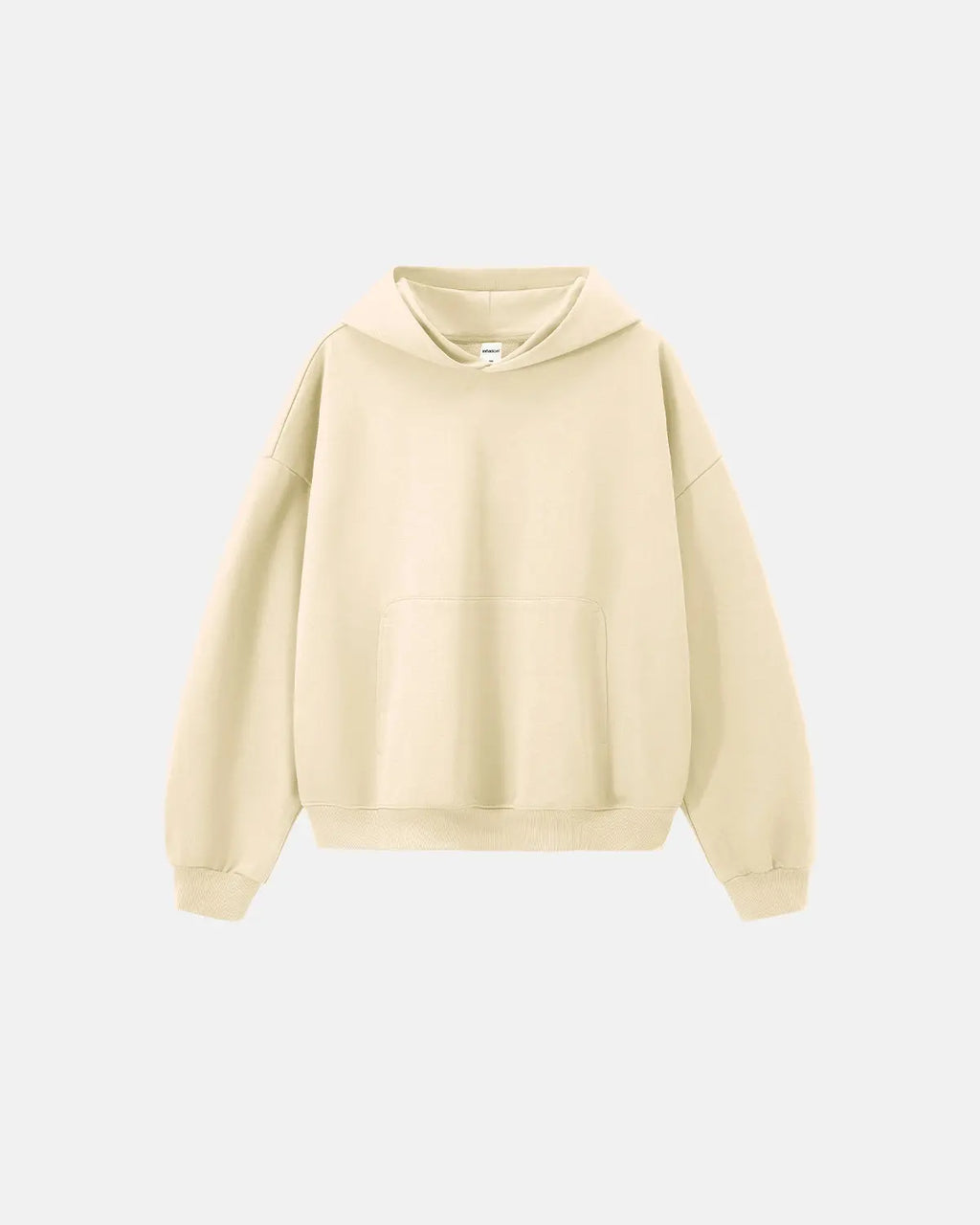 Blank boxy fit French Terry hoodie by Flation Streetwear, showing the relaxed fit and soft fabric in a neutral color.