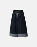 Inflation Streetwear buckle detail raw denim jorts, casual men's pants with distressed fabric and metal buckle accents.