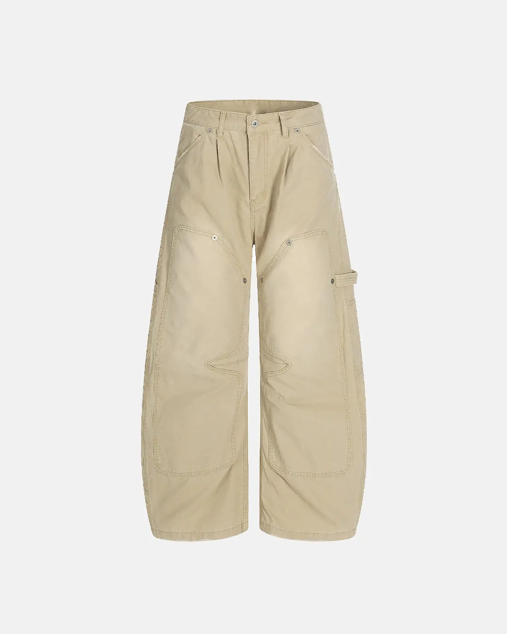 Washed barrel cargo pants by INFLATION featuring multiple pockets and a relaxed streetwear style, shown in a close-up view.
