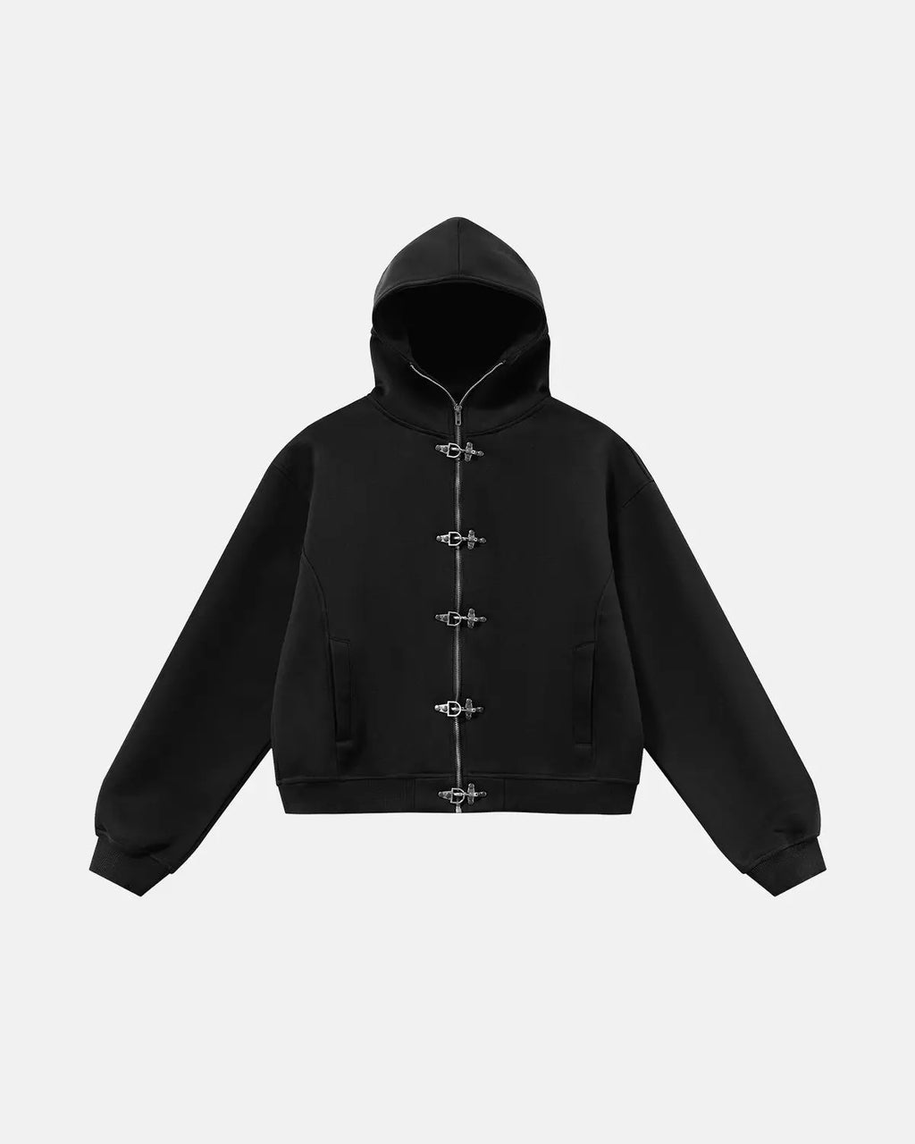 Inflation Streetwear metal clasp boxy zip-up hoodie in black with silver zipper and relaxed fit, front pockets, casual streetwear style.