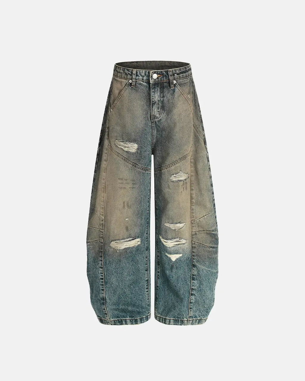 Distressed dirty wash barrel jeans by INFLATION featuring a relaxed fit and rugged, faded denim with fading and distressed detailing.