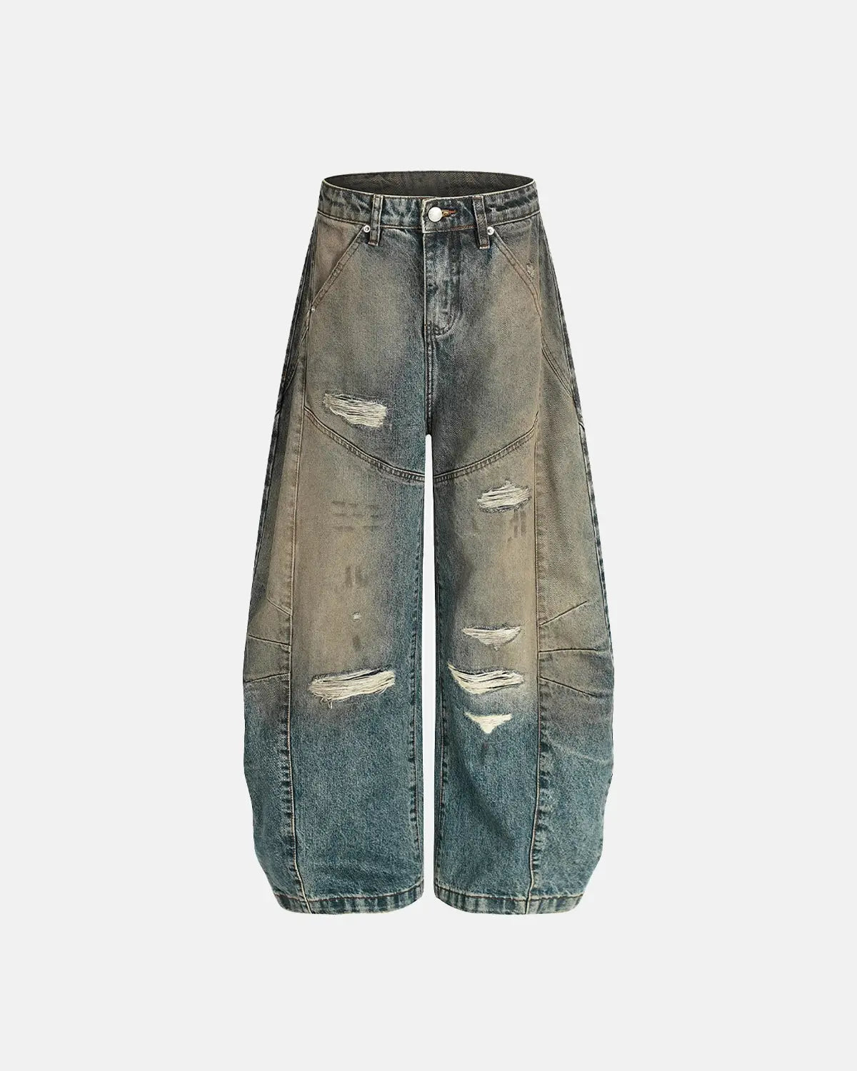 Distressed dirty wash barrel jeans by INFLATION featuring a relaxed fit and rugged, faded denim with fading and distressed detailing.