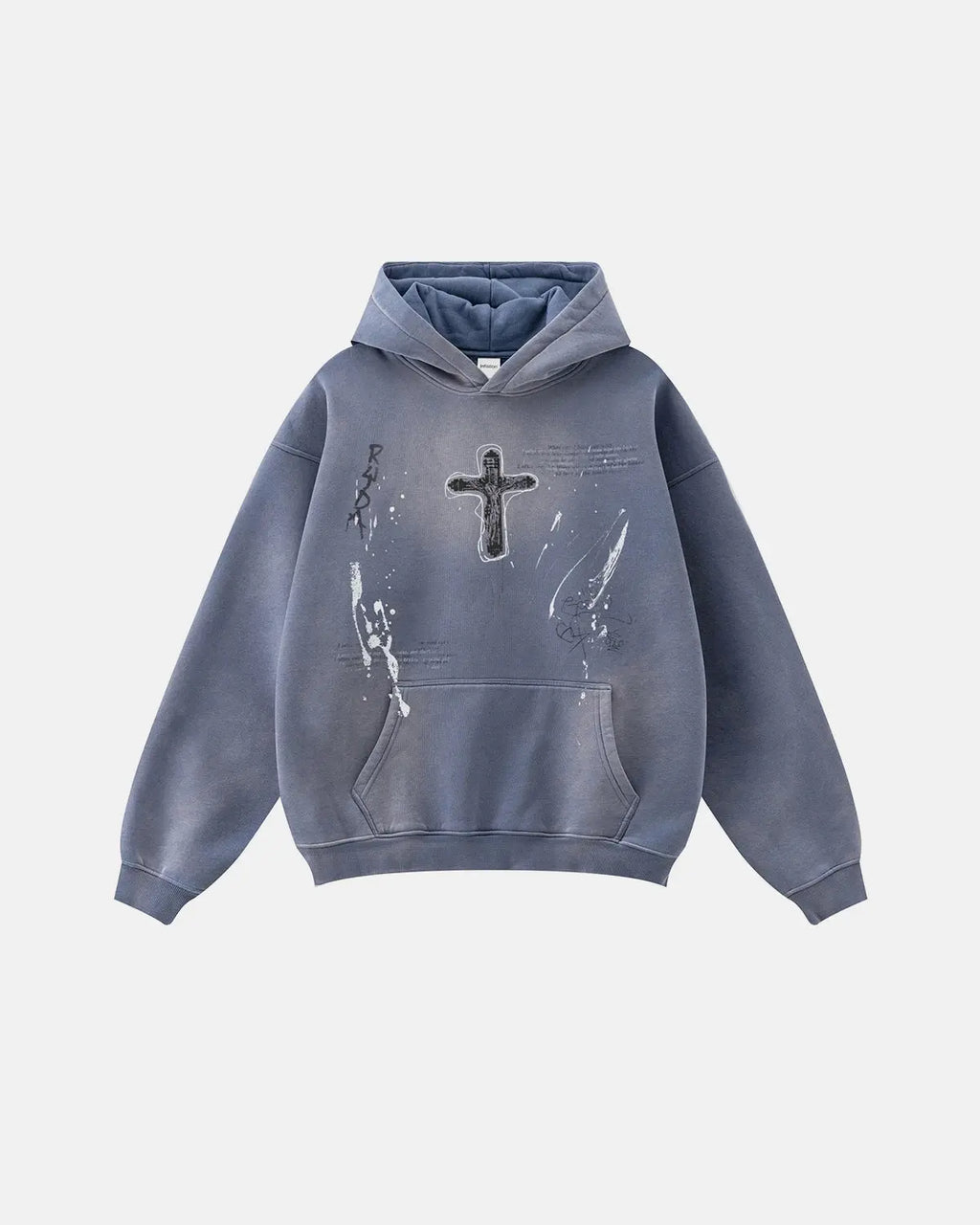 Inflation streetwear graffiti print acid washed fleece hoodie, casual urban style with vibrant graffiti design and comfortable fit.