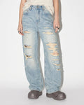 Distressed ripped straight-leg jeans by INFLATION, casual denim pants with frayed holes and a relaxed fit.