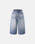 Washed baggy longline jorts by Flation Streetwear, loose-fit denim pants with distressed finish and wide leg style.