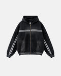 Inflation Streetwear striped acid wash zip-up hoodie with hood, front pockets, and bold pattern, casual streetwear style.