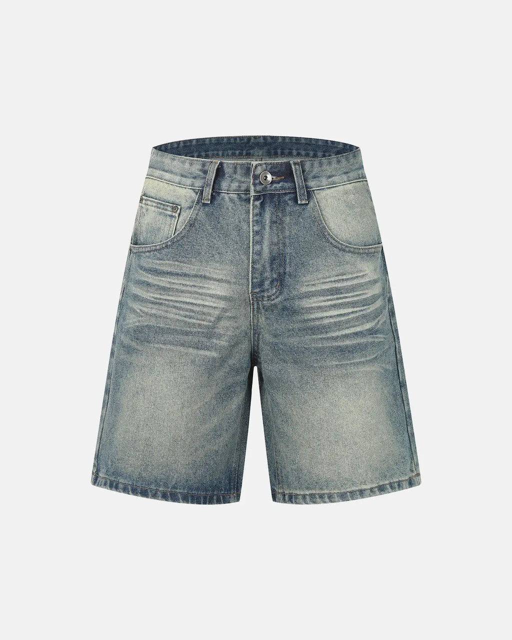Mid-length washed denim shorts by Inflation Streetwear, casual pants with frayed hems and classic five-pocket design.