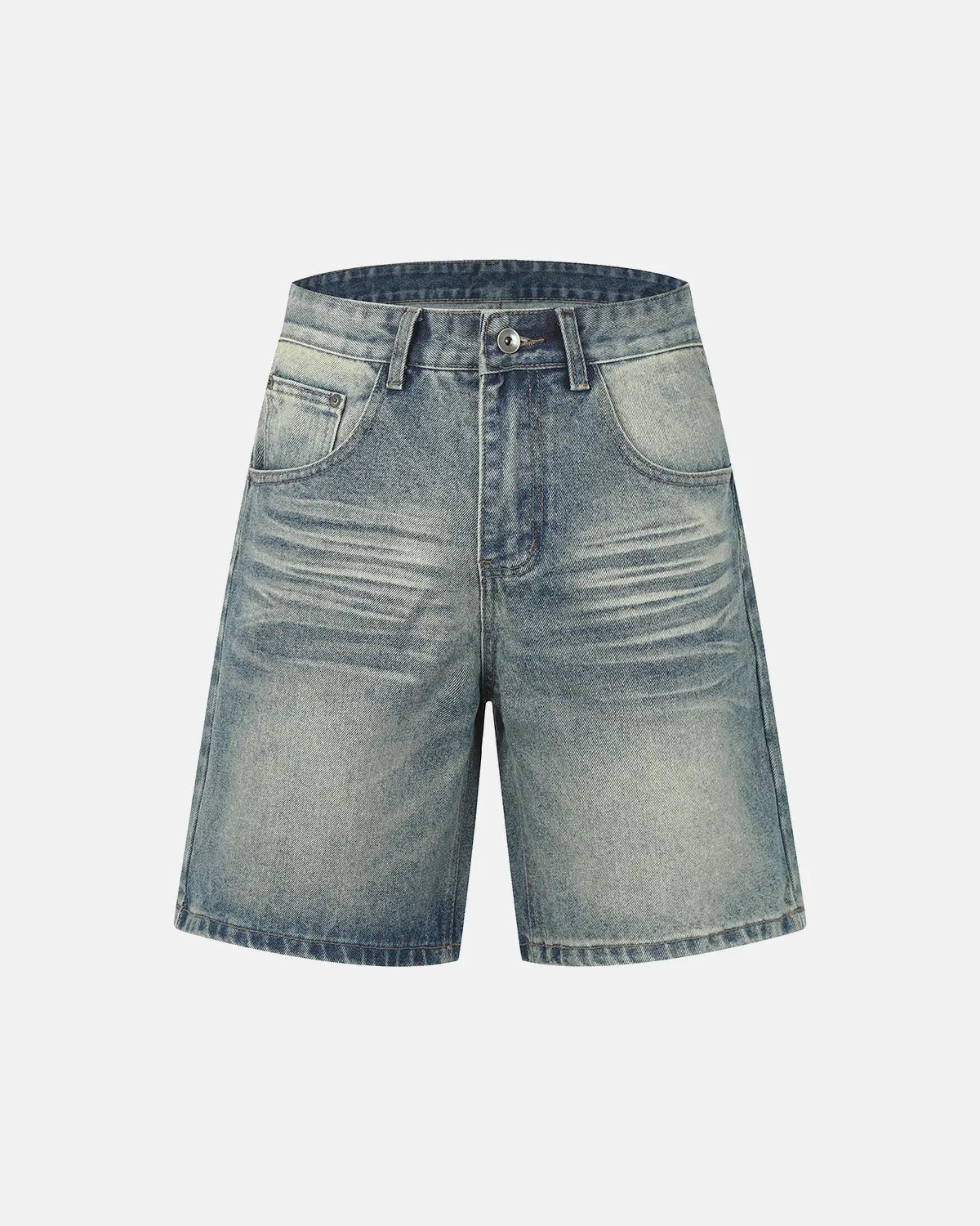 Mid-length washed denim shorts by Inflation Streetwear, casual pants with frayed hems and classic five-pocket design.