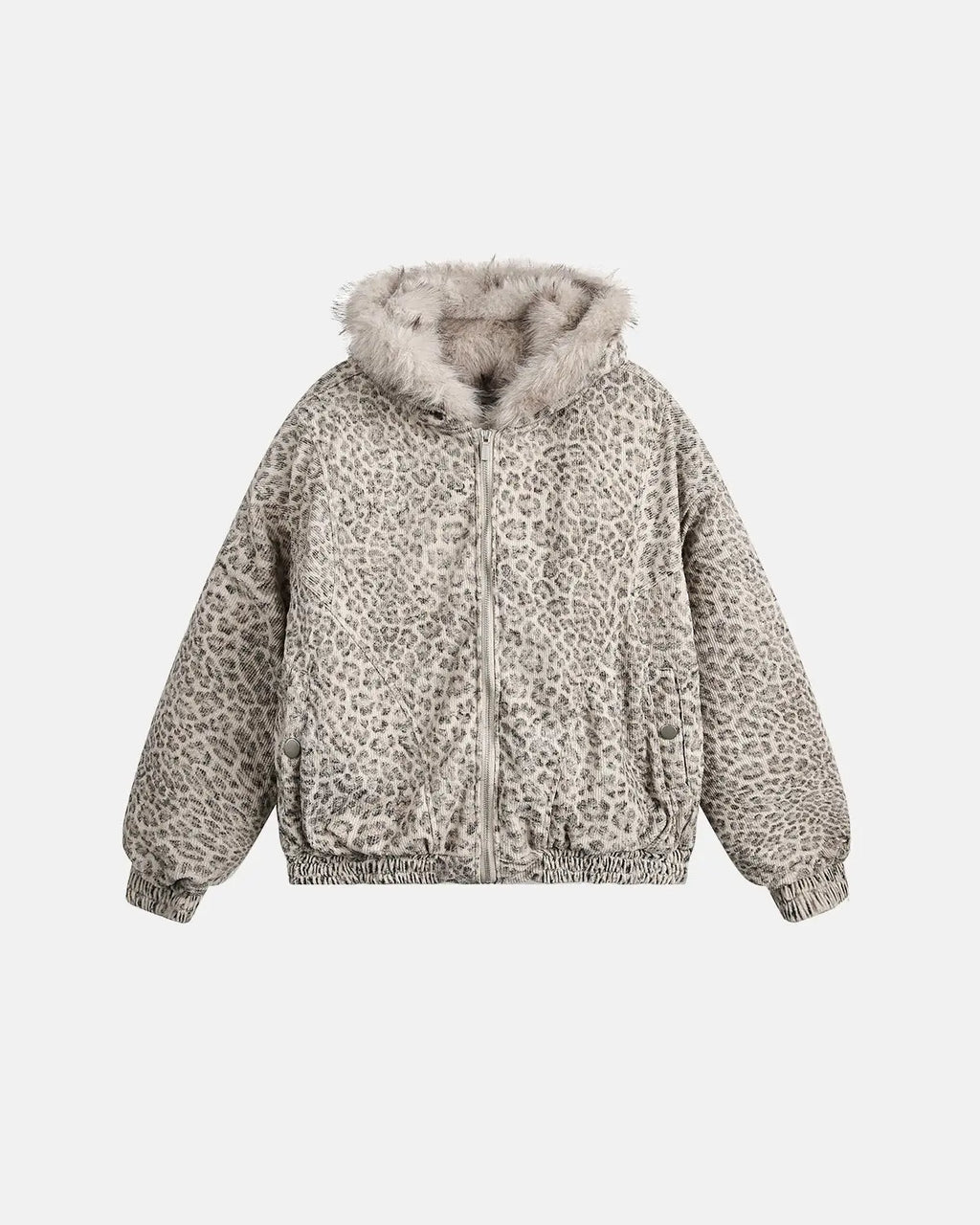Leopard faux fur lined bomber jacket by INFLATION, featuring a stylish animal print and cozy fur lining, perfect for streetwear fashion.