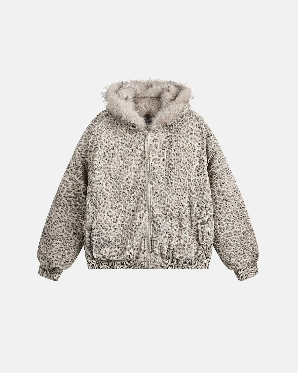 Leopard faux fur lined bomber jacket by INFLATION, featuring a stylish animal print and cozy fur lining, perfect for streetwear fashion.