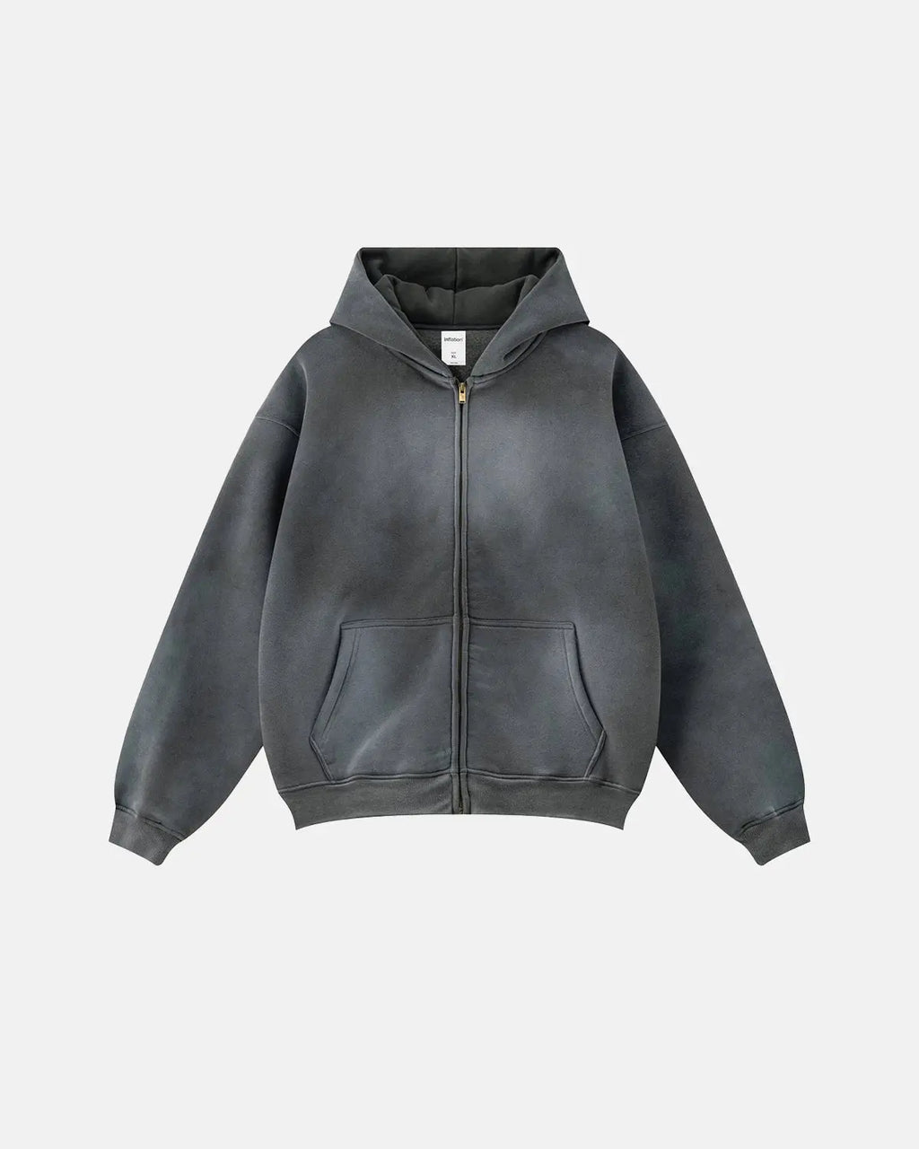 Flation acid washed zip-up hoodie featuring streetwear style and casual fit, with a front zipper and relaxed design.