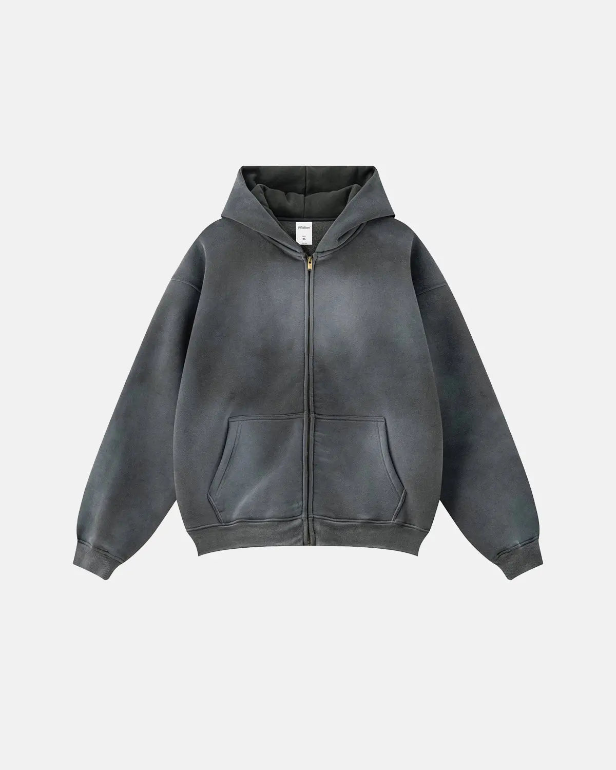 Flation acid washed zip-up hoodie featuring streetwear style and casual fit, with a front zipper and relaxed design.