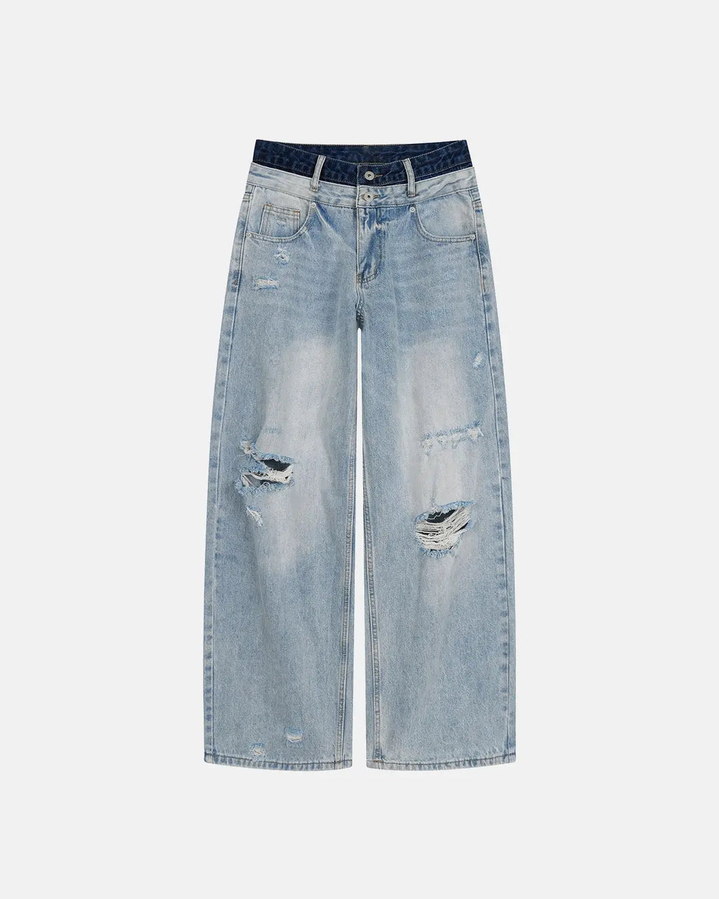 Distressed baggy jeans with double waist design by Inflation Streetwear, featuring a relaxed fit and distressed detailing.