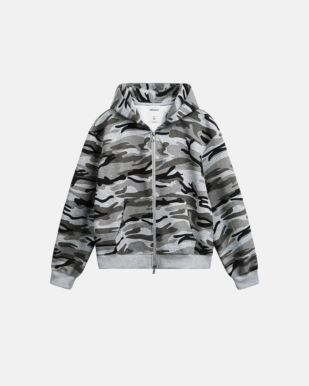 Cropped camouflage zip-up hoodie by INFLATION featuring a trendy streetwear style with a front zipper and camouflage pattern.
