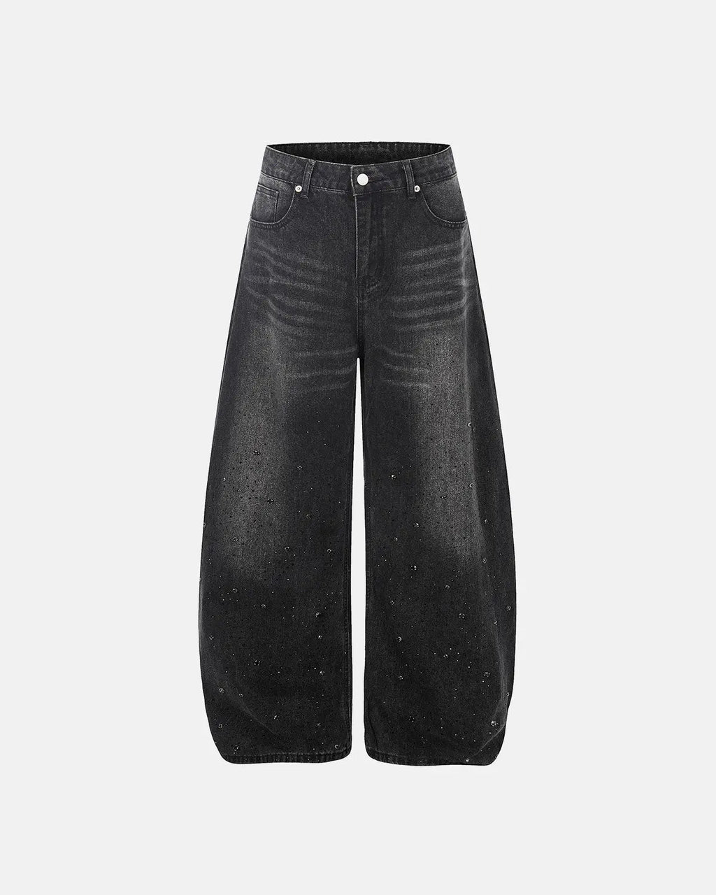 Vintage Washed Rhinestone Barrel Jeans from INFLATION Streetwear with distressed denim and rhinestone embellishments.