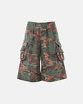 Inflation Floral Camo Cargo Longline Shorts featuring a vibrant camouflage pattern, multiple pockets, and a relaxed streetwear fit.