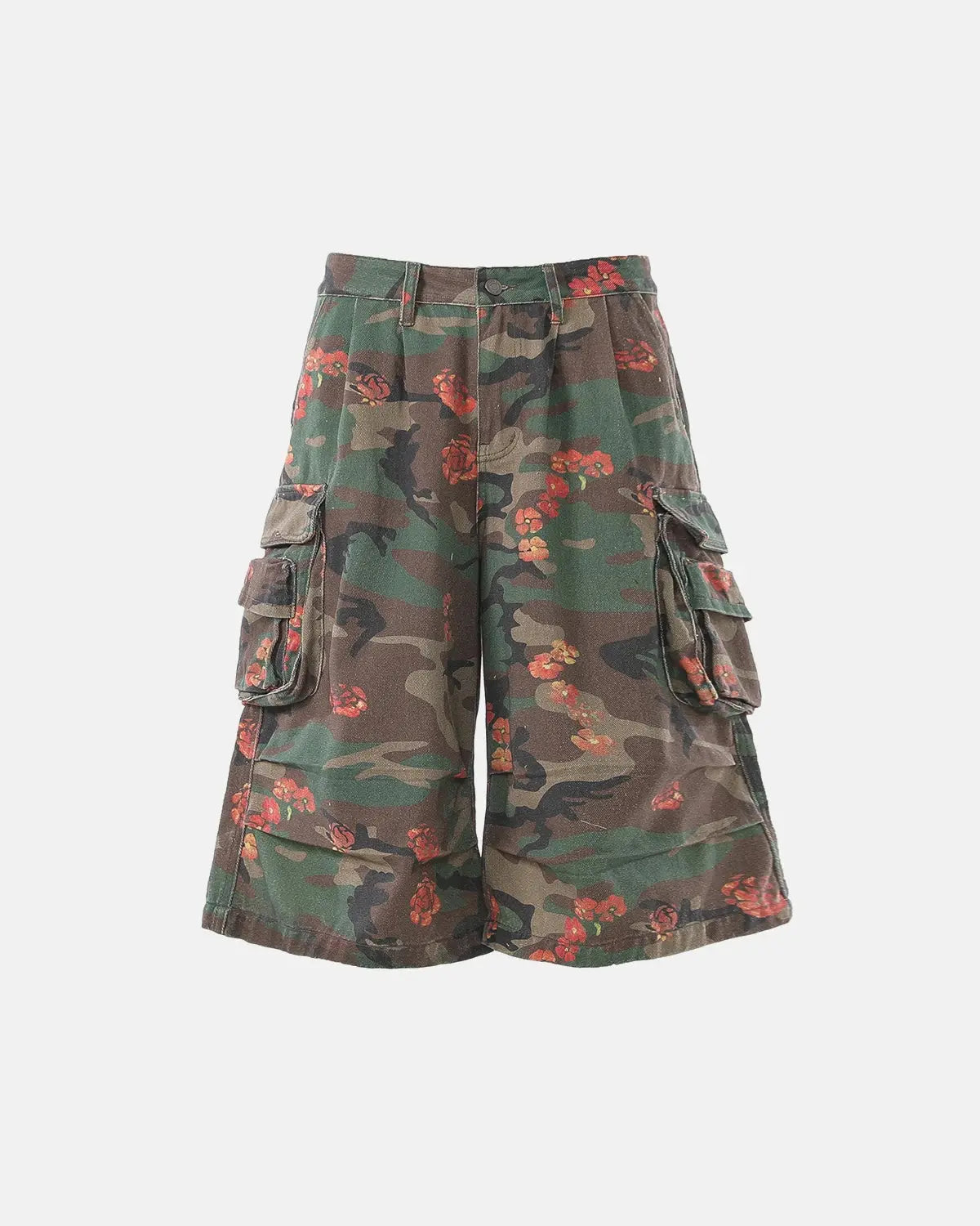 Inflation Floral Camo Cargo Longline Shorts featuring a vibrant camouflage pattern, multiple pockets, and a relaxed streetwear fit.