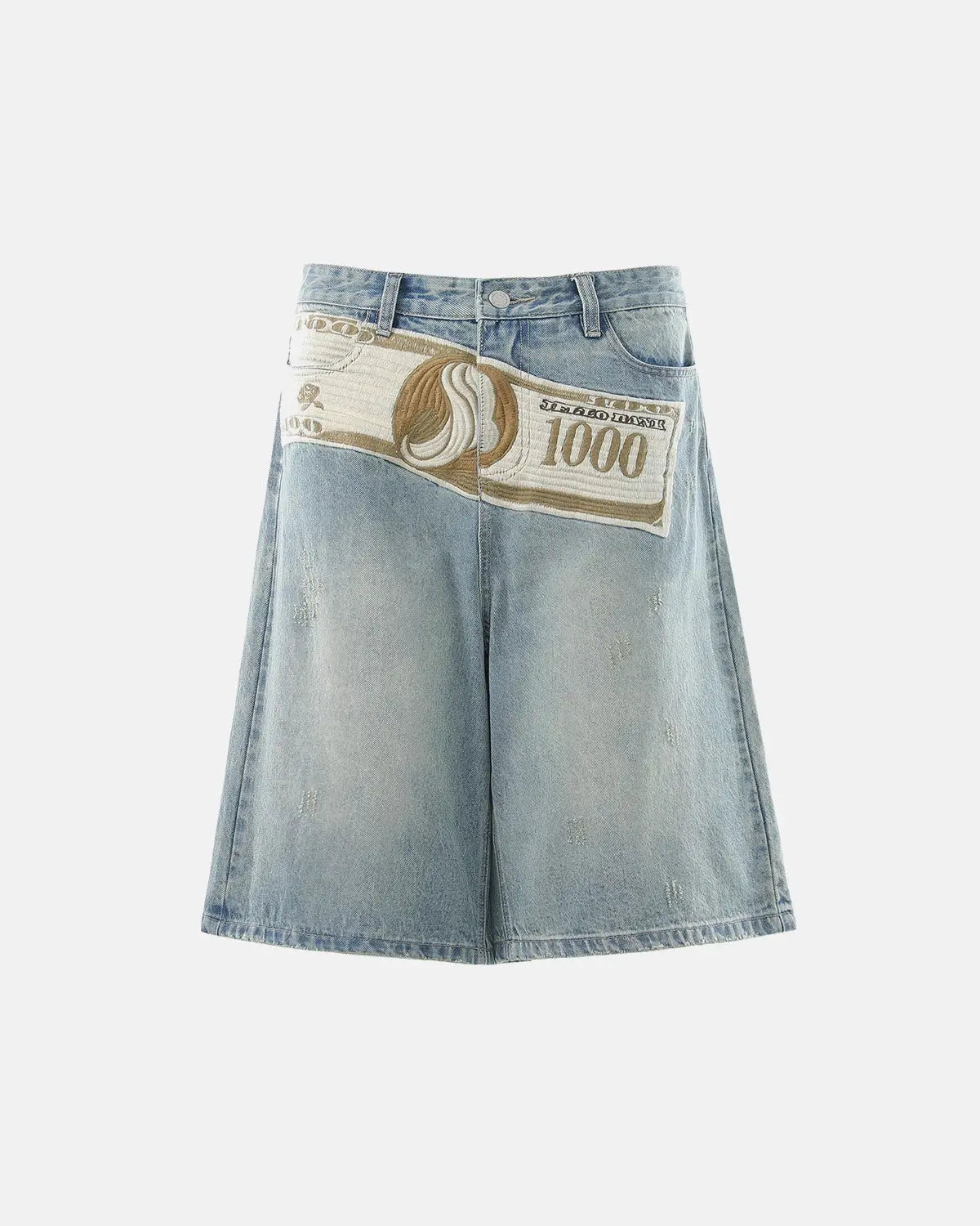 Inflation Dollar Patch embroidery denim jorts featuring distressed denim and bold dollar patch design, streetwear style for casual wear.