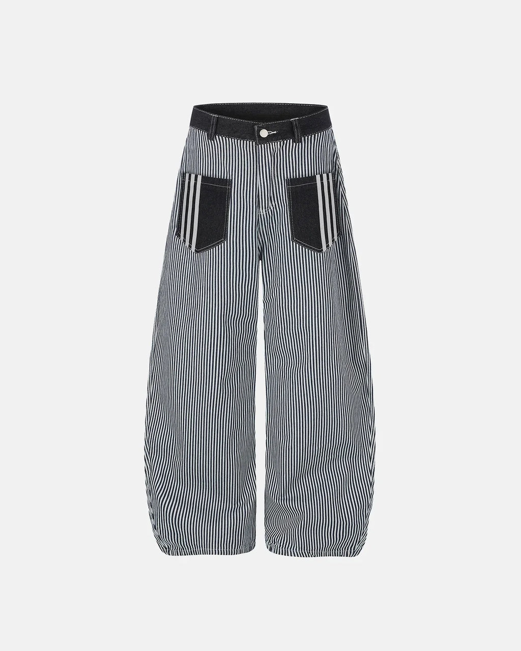 Inflation Streetwear striped patch pocket baggy jeans with relaxed fit and casual style, featuring bold stripe patterns and patch details.