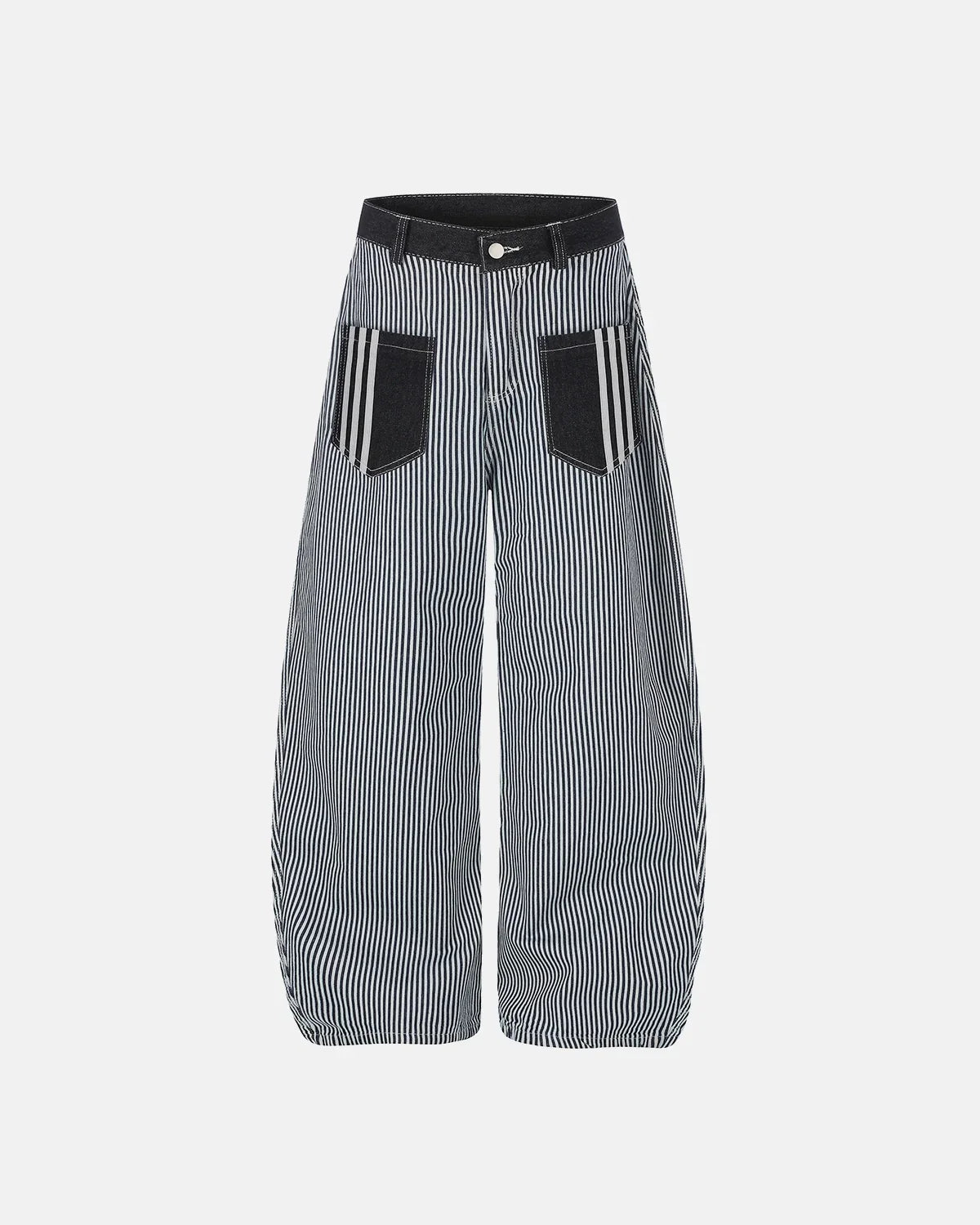 Inflation Streetwear striped patch pocket baggy jeans with relaxed fit and casual style, featuring bold stripe patterns and patch details.