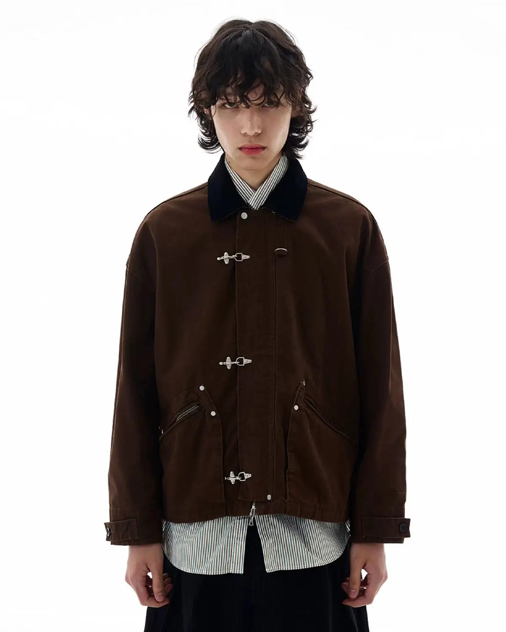 Inflation Fireman Buckle Worker Zip-Up Jacket showcasing a rugged style with buckles and a front zipper in a streetwear design.
