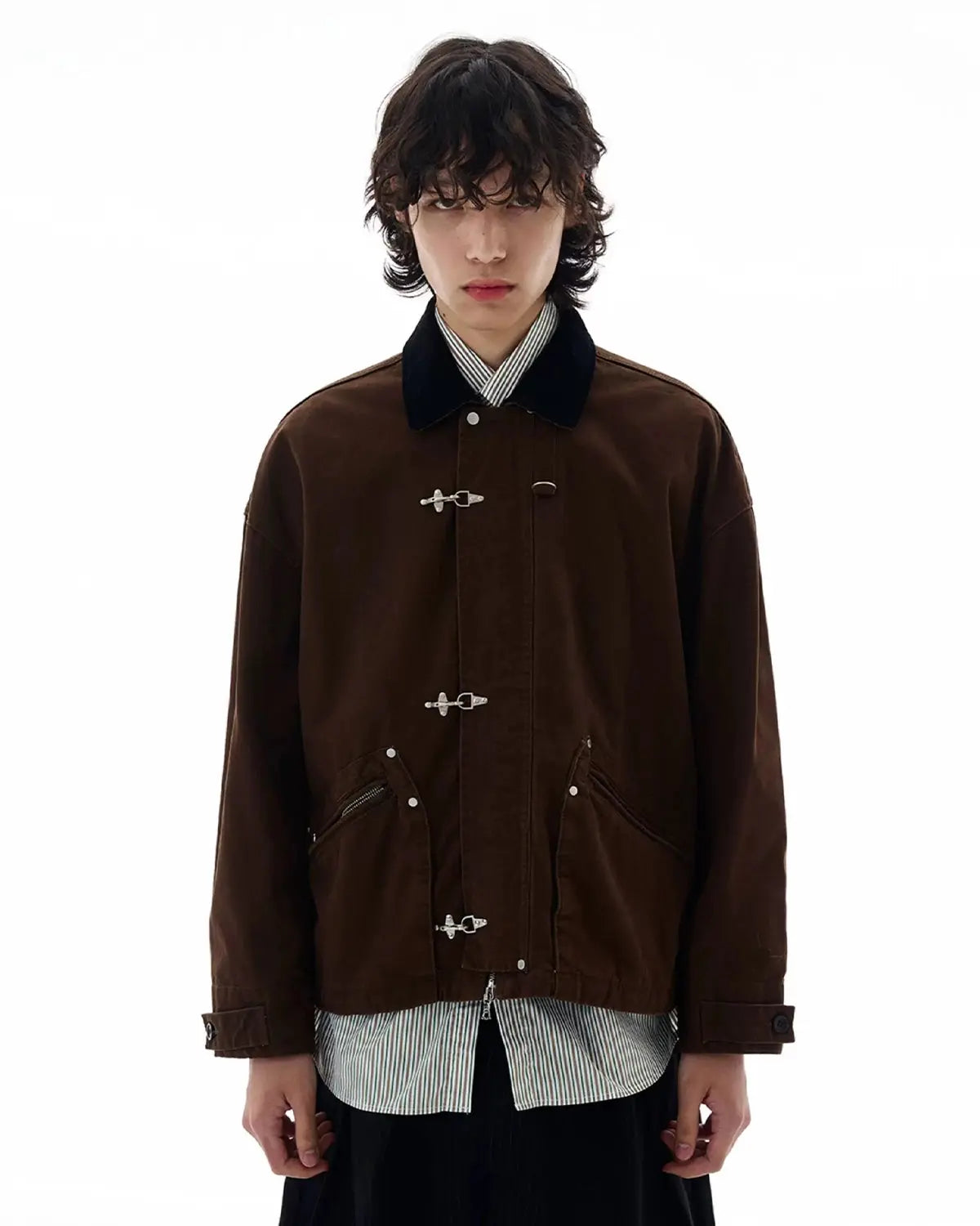Inflation Fireman Buckle Worker Zip-Up Jacket showcasing a rugged style with buckles and a front zipper in a streetwear design.