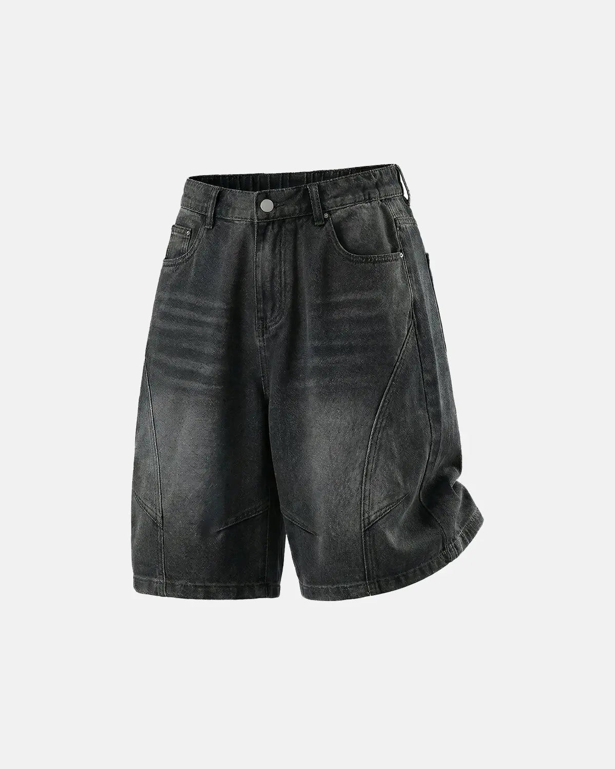 Inflation Streetwear structured washed denim shorts, casual pants with a relaxed fit and distressed details, front view.
