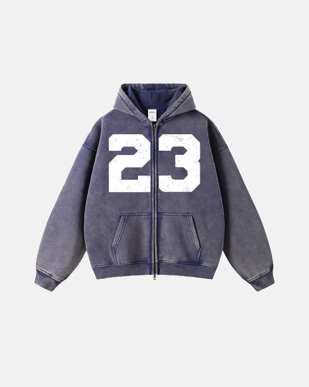 Inflation Streetwear 23 Washed Zip Up Hoodie in light blue with front pockets and adjustable drawstrings.