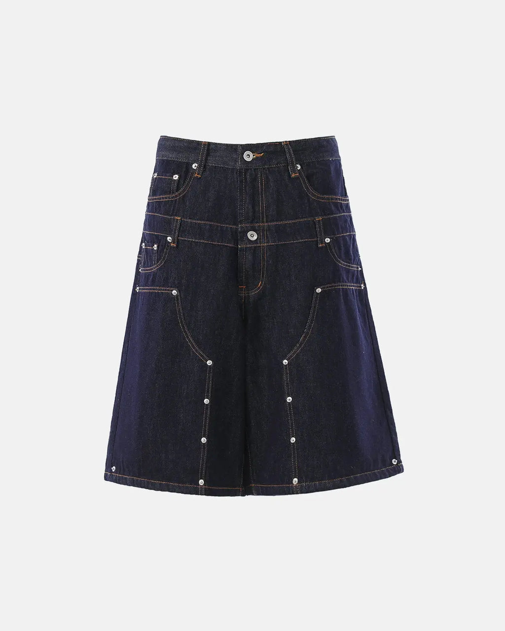 Inflation brand double waist rivet baggy jorts, denim pants with rivet details and relaxed fit, shown in a front view.