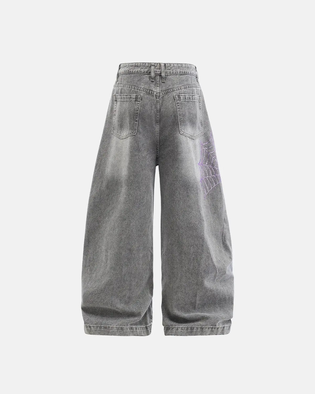 Flation streetwear spider graphic rhinestone barrel jeans showing detailed spider design and rhinestone accents on denim pants