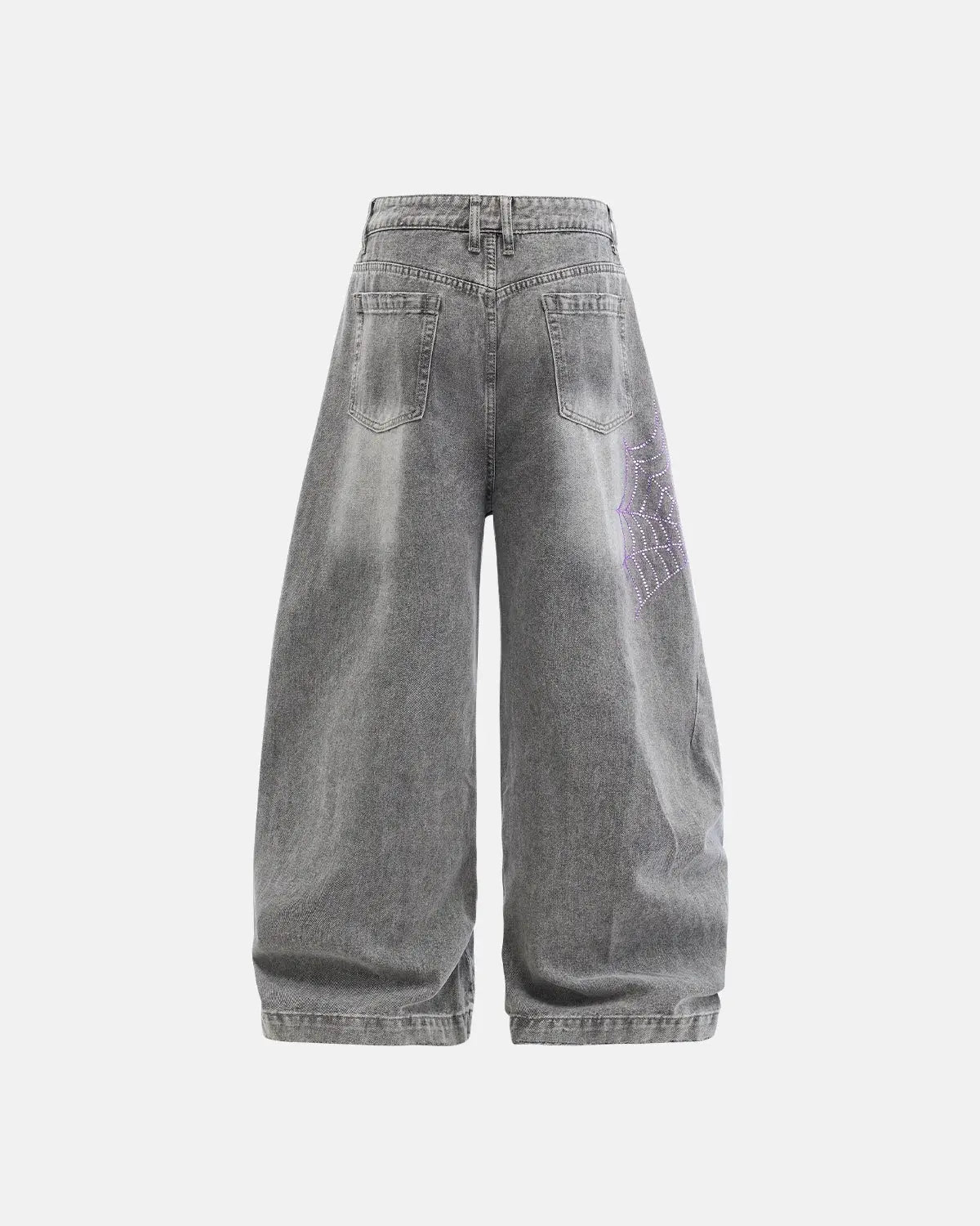 Flation streetwear spider graphic rhinestone barrel jeans showing detailed spider design and rhinestone accents on denim pants