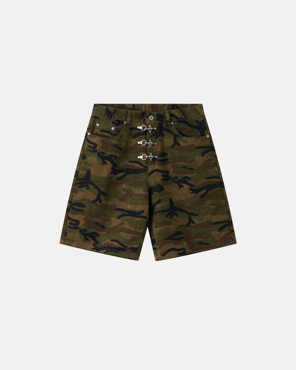 Inflation Streetwear metal clasp camo shorts, stylish casual pants with camouflage pattern and metal clasp details.