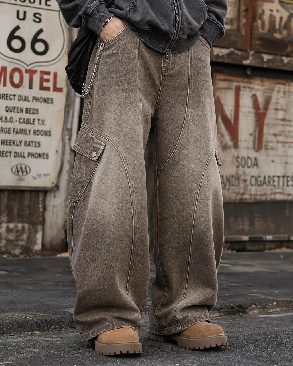 Brown acid wash barrel jeans by Flation, featuring a relaxed fit, high waist, and vintage-style distressed denim design.