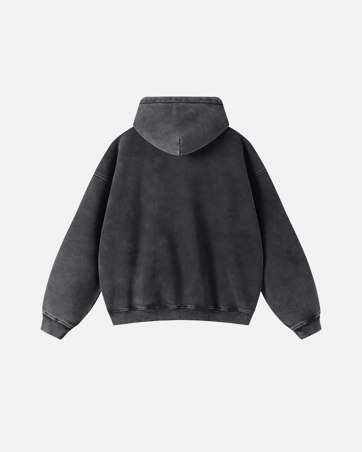 Acid washed distressed fleece zip-up hoodie by INFLATION Streetwear, featuring a faded, rugged design and comfortable fit.