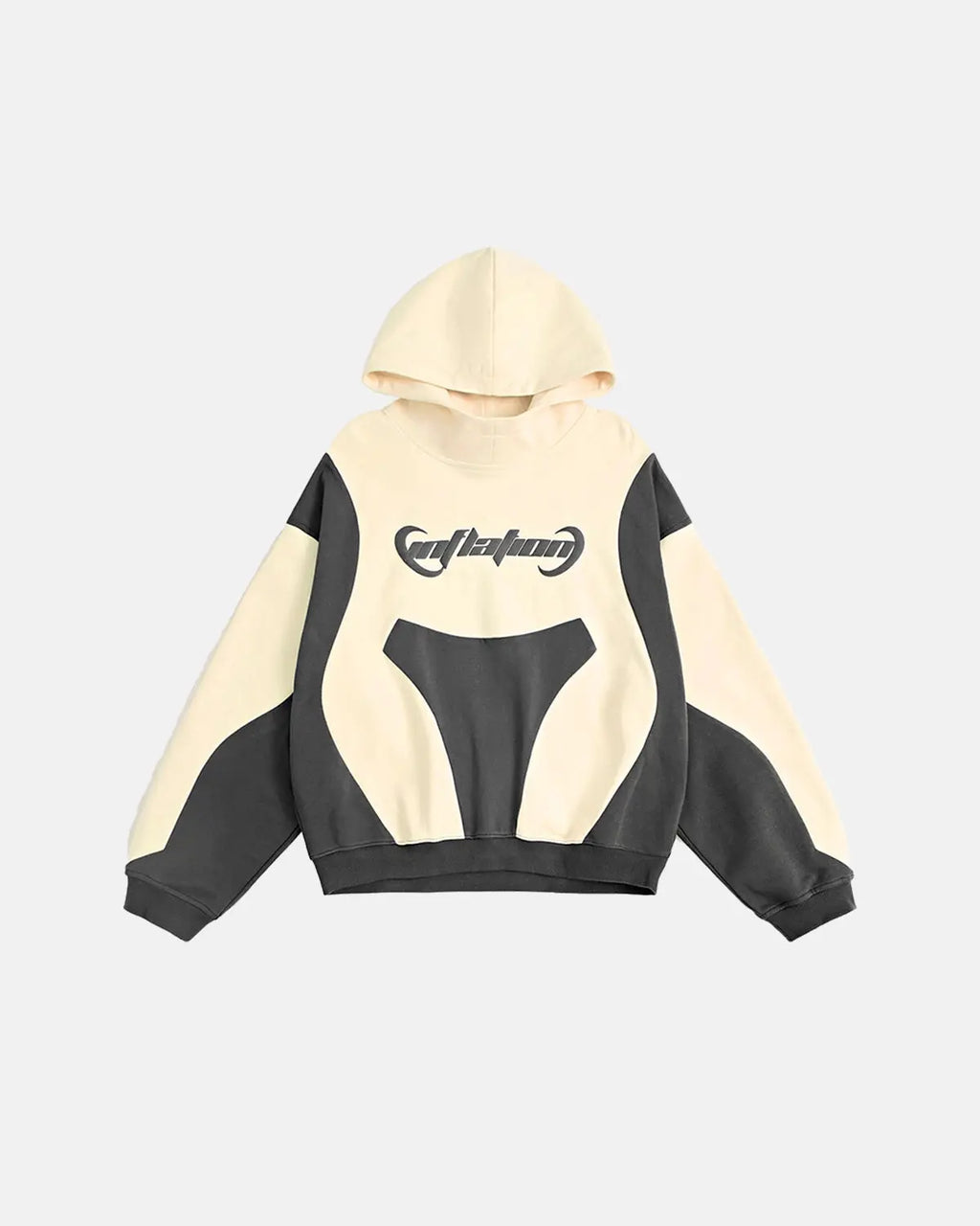 Inflation streetwear patchwork puff print hoodie with multicolor patch designs and a relaxed fit, casual streetwear style.