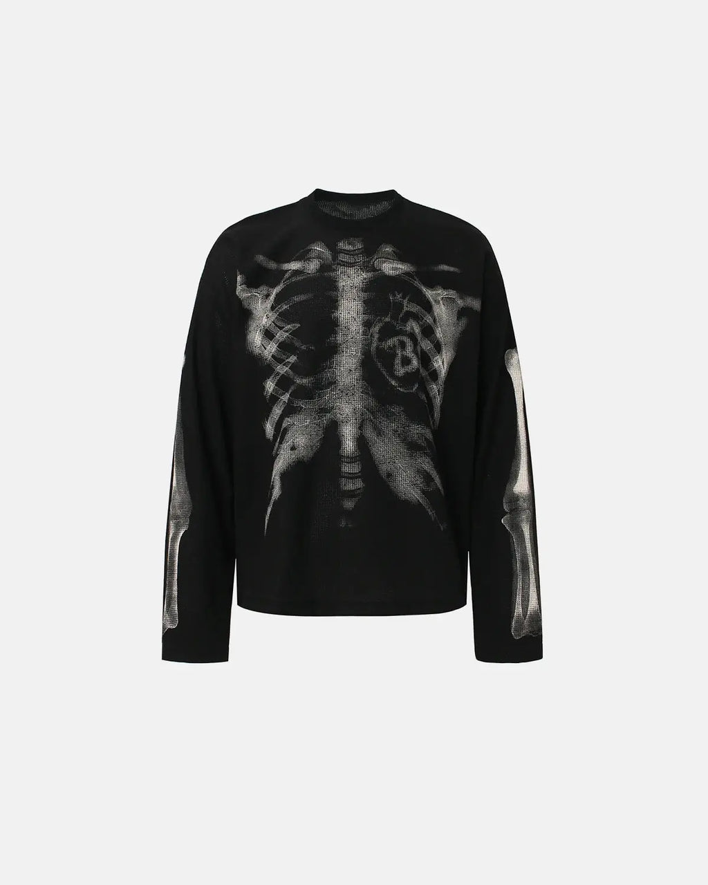 Skeleton graphic washed long sleeve shirt by INFLATION with distressed fabric and skull print design.