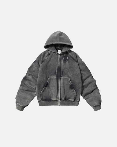 Acid washed embroidery zip-up hoodie by INFLATION Streetwear, featuring a casual fit and embroidered details on the front.