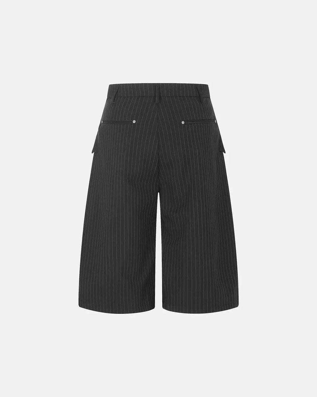 Inflation Streetwear pinstripe pleated tailored shorts with ring detail and a stylish waistband, designed for a modern streetwear look.