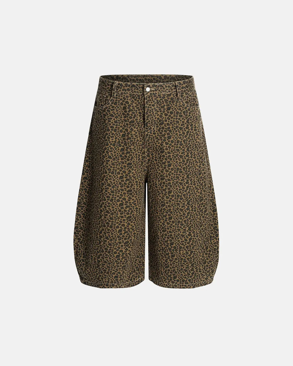 Leopard print barrel longline shorts by INFLATION Streetwear, featuring a stylish longline fit and bold animal print design.