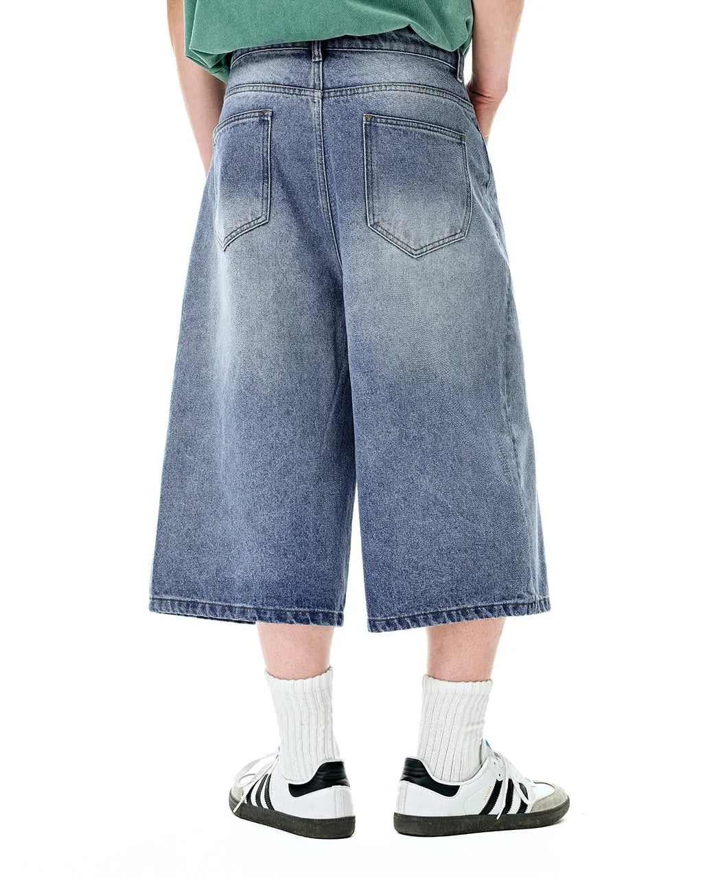 Washed baggy longline jorts by Flation Streetwear, casual pants with a relaxed fit and distressed denim look.