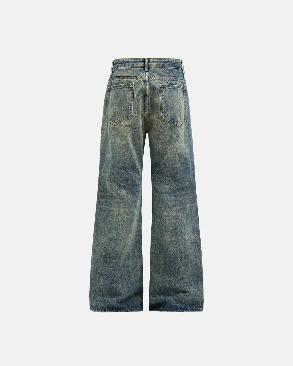 Inflation Acid Wash Beaded Studded Flared Baggy Jeans with distressed details and embellishments, styled for streetwear fashion.