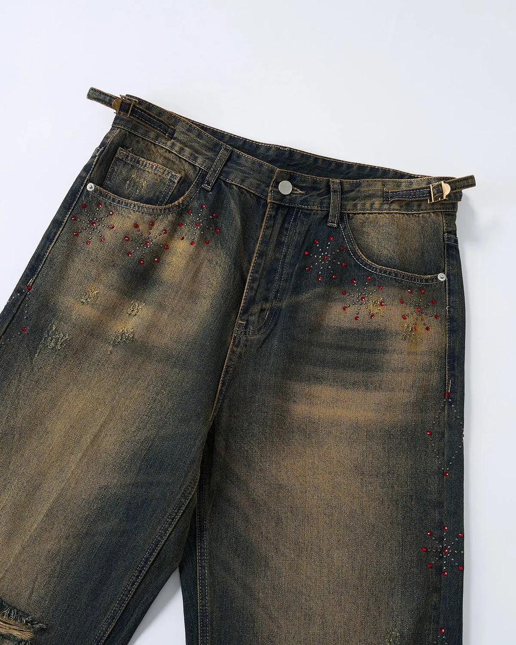 Dirty Wash Rhinestone Baggy Jeans by INFLATION featuring distressed denim with rhinestone embellishments and a loose, relaxed fit.